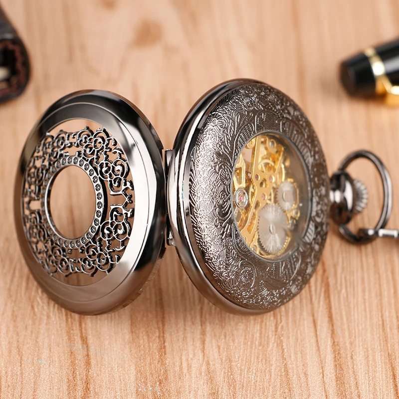 Винтаж роскошный черный металл Механические карманные часы гладкой стимпанк Рука обмотки Clock Set с подарками Box Сумки Кожаные Pin цепи