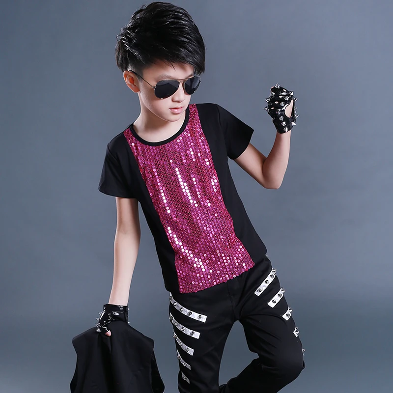 Children's Jazz Dance Costume Boy Short Sleeve Sequin Top Shirt Hip Hop Clothes Kids Modern Performance Dancing Outfit DNV11051