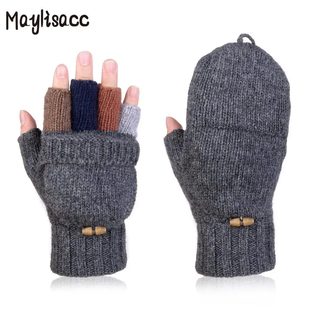 Maylisacc шерстяной вязаный загнуть перчатки зимние теплые варежки перчатки-варежки зима без пальцев Половина-палец для перчатки унисекс - Цвет: Grey
