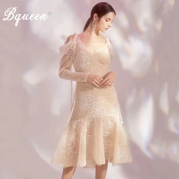 

Bqueen Fashion Women V Neck Floral Lace Long Sleeve With Belt Elegant New 2019 Bodycon Bandage Knee Length Summer Dresses 2019