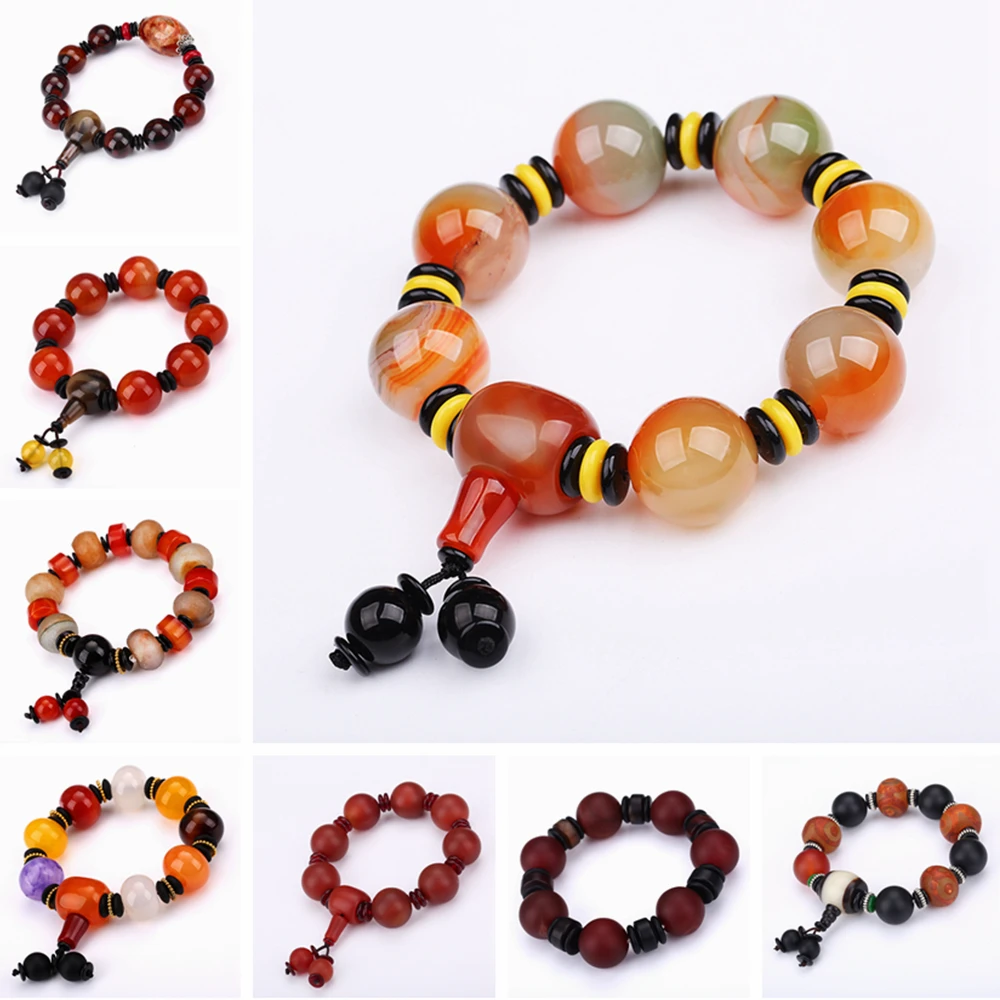 

Natural Red Agate Bracelet Genuine Beads For Unisex Obsidian 3 Eyes Tibetan Dzi Beads Elastic Bracelet For Women Healing Crystal