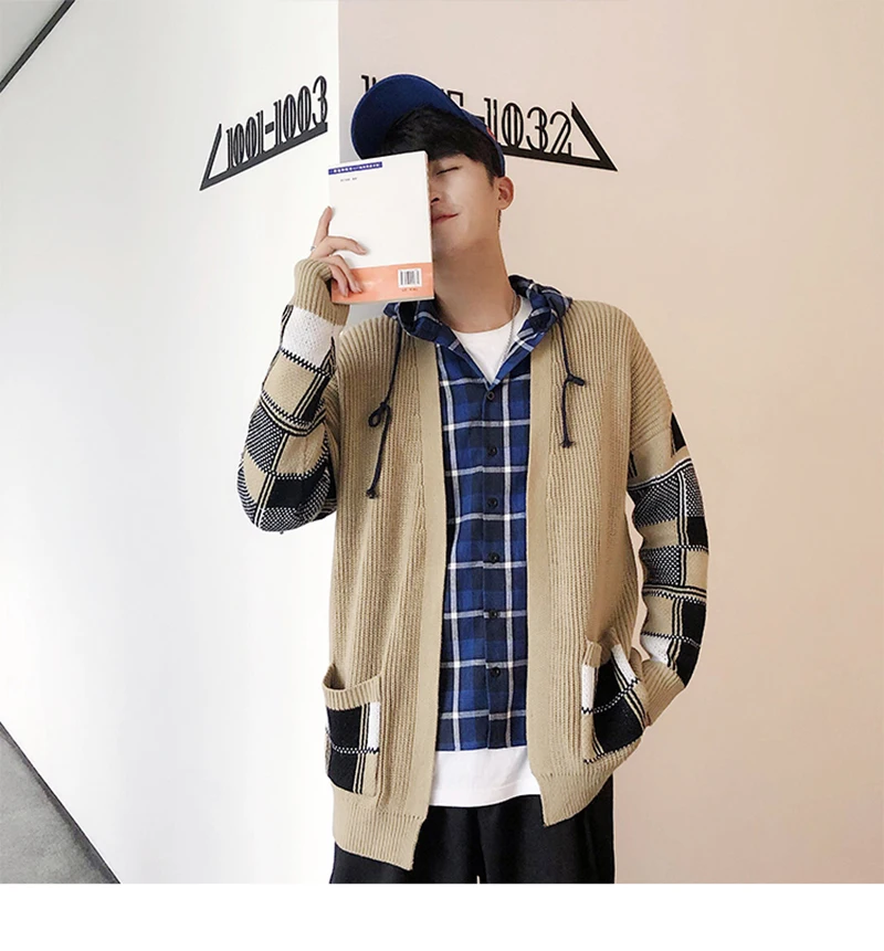 Korean Oversized Sweater Cardigan Men Plaid  (3)