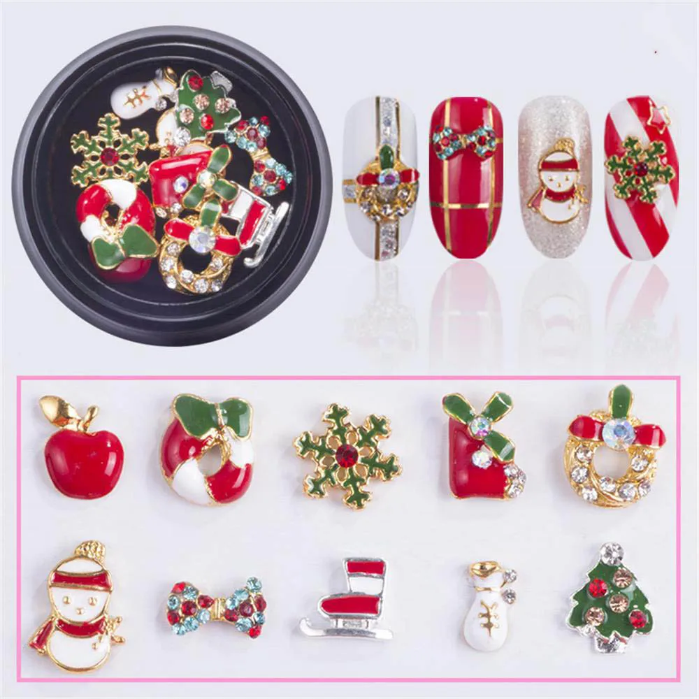 

10 Designs/box Alloy Metal Christmas Snowman Nail Art Decorations Charms DIY 3D Nail Rhinestones Accessories Tools