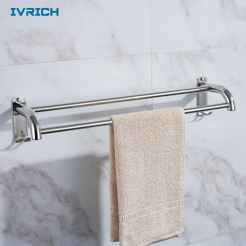 

IVRICH Two Pole Towel Bar Bathroom Towel Holder Rack With Hook Sus304 Stainless Steel Wall Mounted Rail Mirror Polished SH012