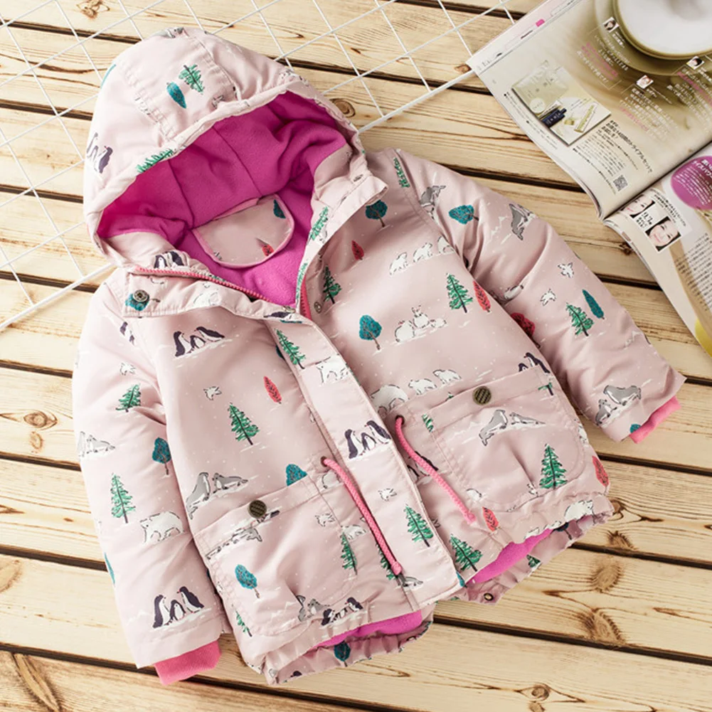 

New Autumn Winter Baby Girls Print Hooded Zipper Coat Warm Winter Jacket Cotton-padded Clothes