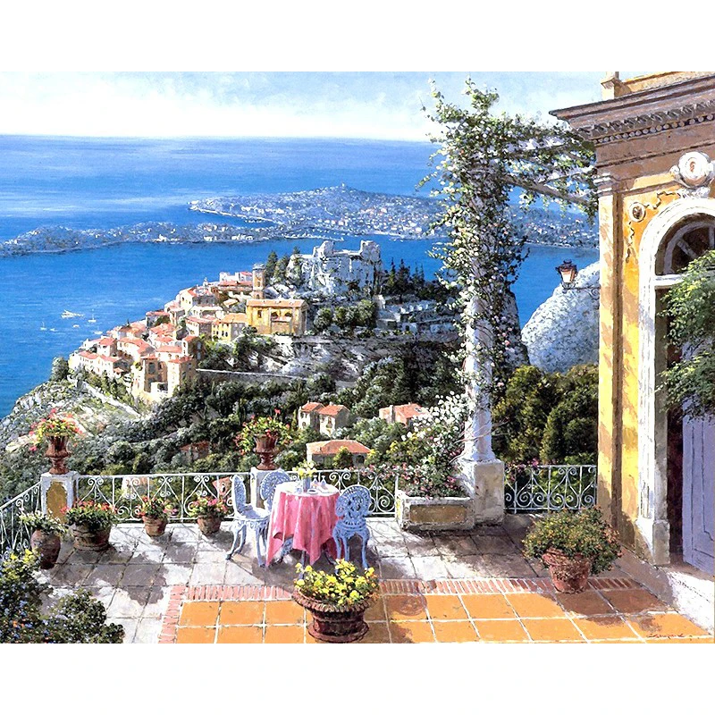 

Painting By Numbers DIY Dropshipping 50x65 60x75cm Seaside balcony table Landscape Canvas Wedding Decoration Art picture Gift