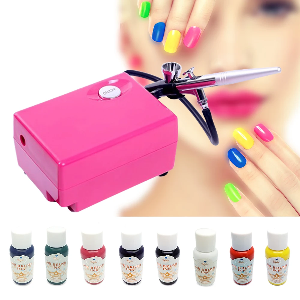

Pink Airbrush Compressor Kit For Nail Beauty Salon Device Air brush Nail Art Set with 8 Bottles Nail Colors