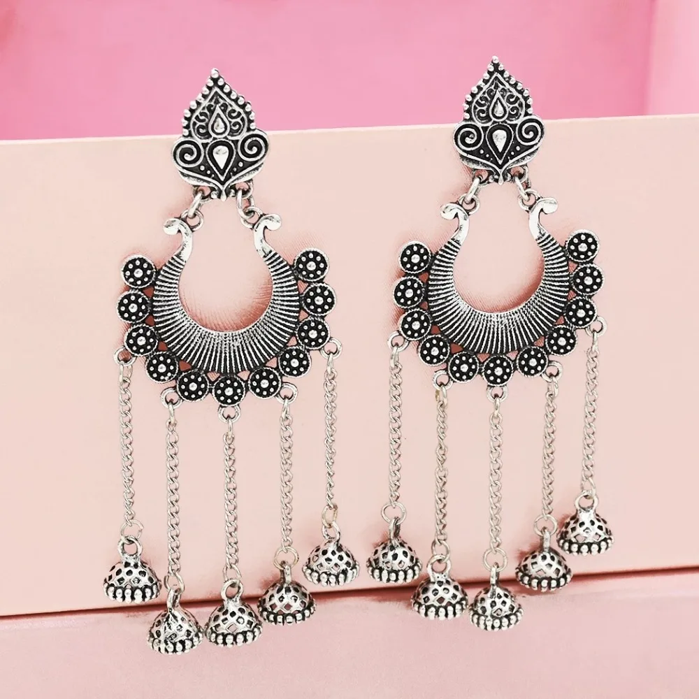 Индийские окисленные серебряные Висячие серьги для женщин Boho Jhumka резной цветок жемчуг бусина Эффектные серьги ювелирные изделия из турецкой турки