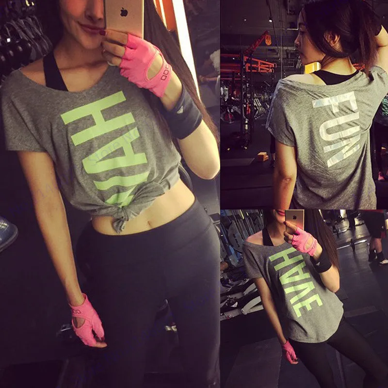 Grey Short Sleeved Running Sports Shirt Have Fun Letter Fitness Yoga T