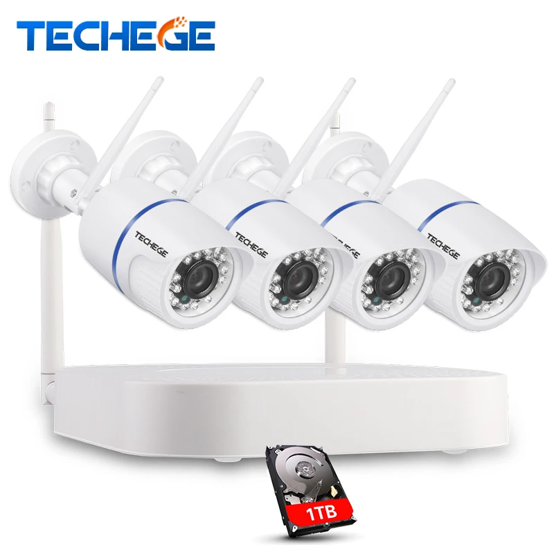 Techege 4CH CCTV System Wireless NVR Kit P2P 720P HD Outdoor Night Vision Security 1 0MP