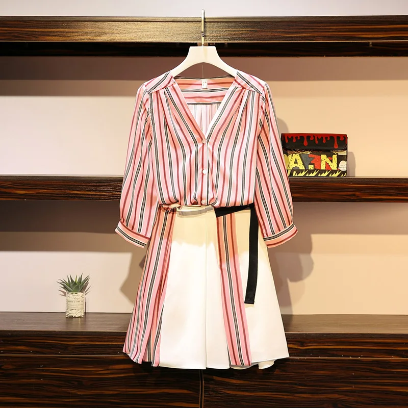 

Plus Size 4XL Striped V-Neck Single Breasted Shirts Blouses Tops+Patchwork Mini Skirts Women Summer Sets Fashion Female Suits