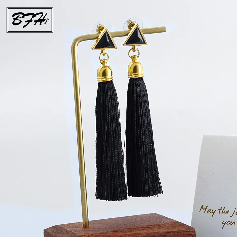 BFH Bohemian Long Tassel Drop Earrings for Women Fashion Vintage Ethnic Fringe Handmade Triangle Dangle Earring Jewelry - Окраска металла: Black