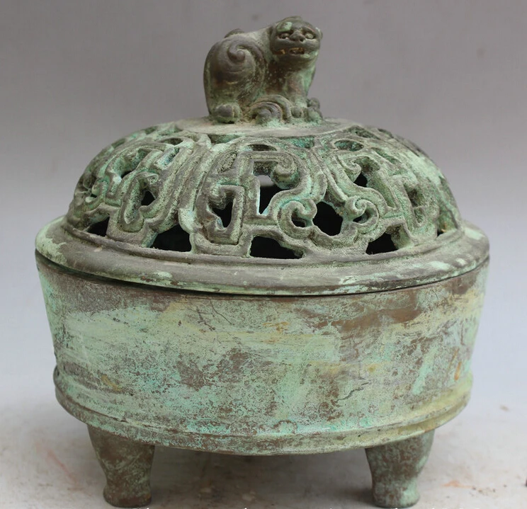 

Elegant old S1778 7" Old Marked Chinese dynasty Bronze 3 Foot circular Beast Incense Burner Censer statue