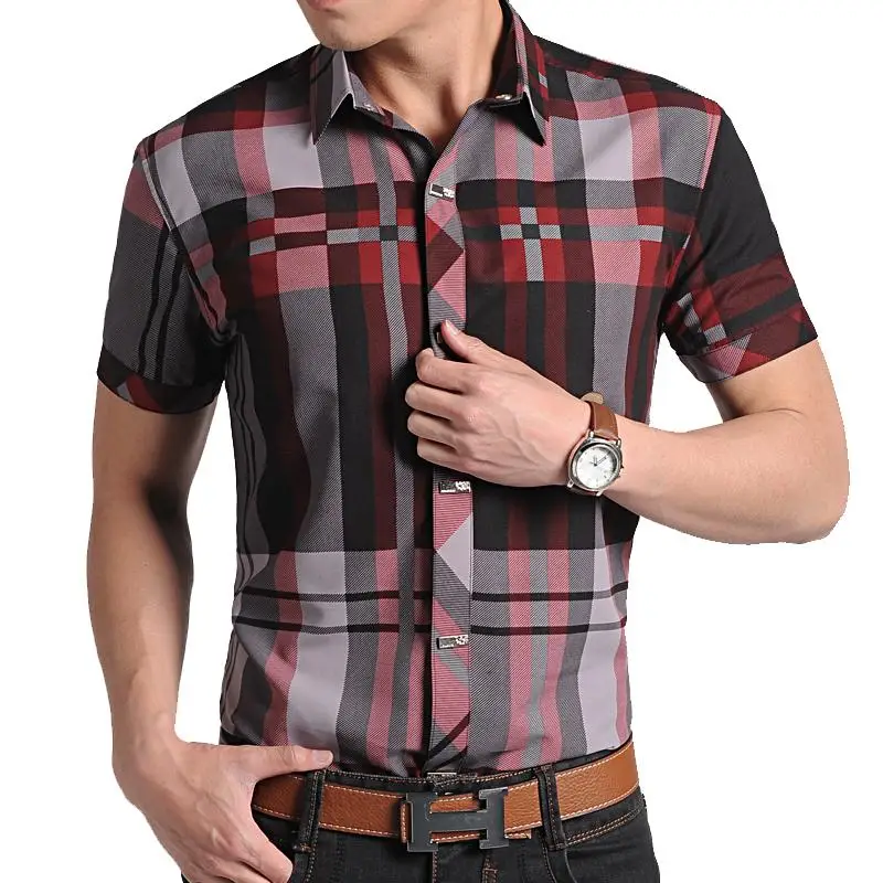 Hombres Camisa a cuadros 2015 nuevo corto Seeve a rayas