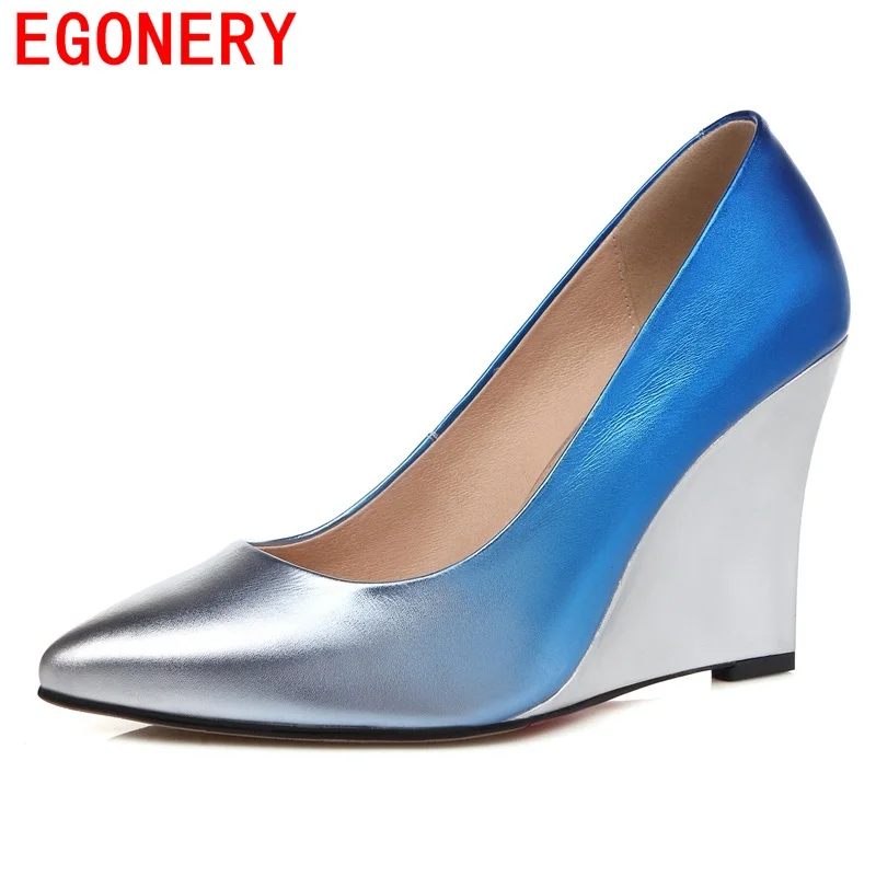 

EGONERY 2018 size 33-41 genuine leather pumps women shoes antumn elegant lady sexy party queen pointed toe wedges shallow shoes