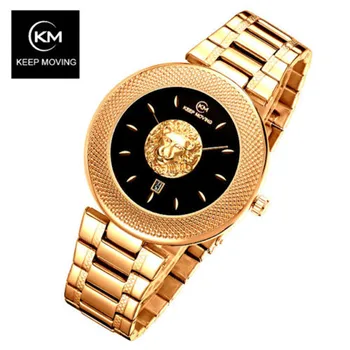 

KEEP MOVING Men Watch Lion Head Sport Mens Watches Top Brand Luxury Waterproof Steel Quartz Gold Clock Men Relogio Masculino