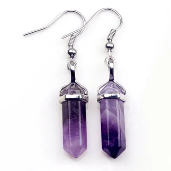 KFT Wholesale Natural Healing Crystal Quartz Hexagon Column Black Agates Earrings Amethysts Stone Dangle Earring Women Jewelry