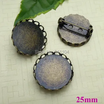 

Antique Bronze Plated Brass w/ Inner 25mm Blank Round Hollow Lace Bezel Brooch Bases Settings Back Pins Brooches Findings 40pcs