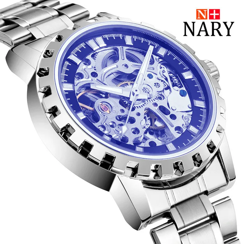 Nary Hollow Watches Men Fashion Business Leather Wristwatch Stainless Steel Waterproof Mechanical Hand Wind Watch Relogio