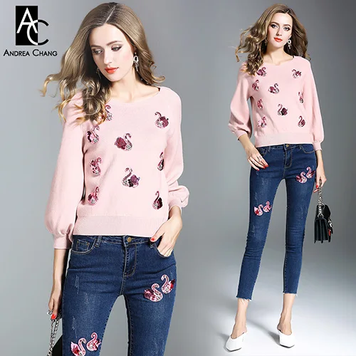 autumn winter woman outfit pink sweater dark blue jeans denim pants beading  swan pattern applique fashion cute two piece outfit|outfit fashion|women  outfitswomen autumn outfits - AliExpress