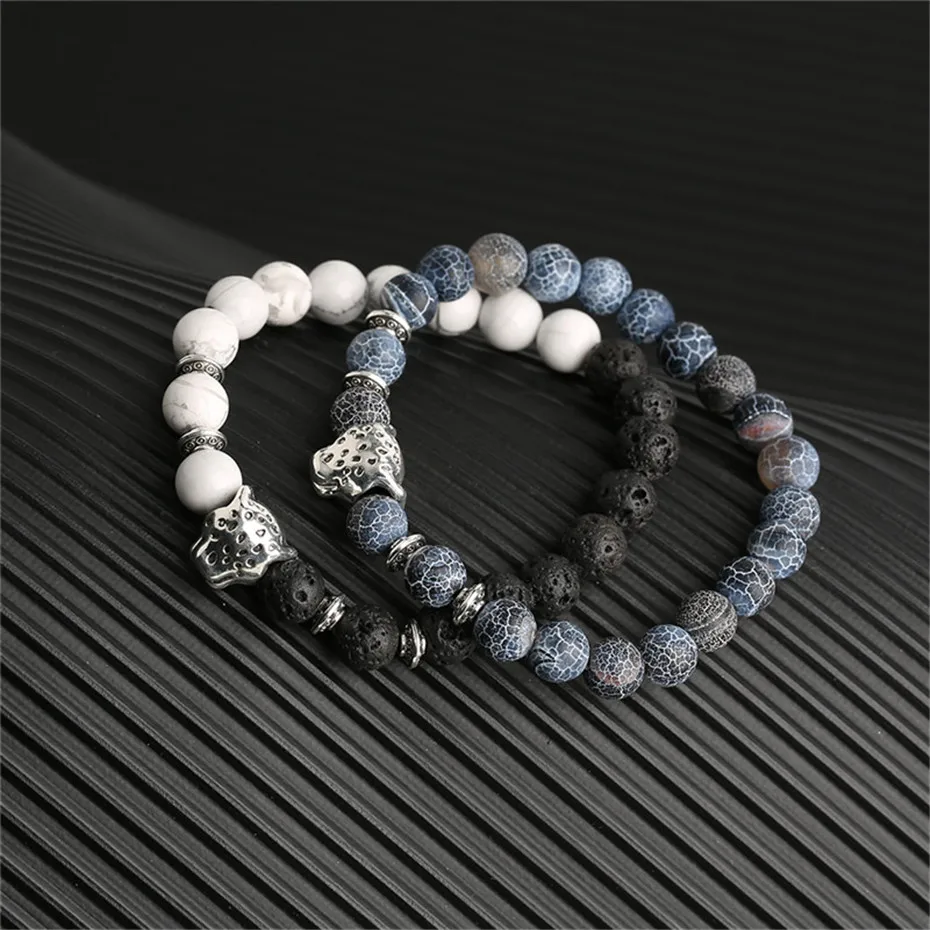 Antique Natural Stone Leopard Head Beaded Bracelet Beads Black Gray Lava Rock Stone Men Women Boy Gifts Couple Bracelets (23)