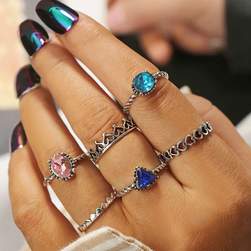 6 Pcs/Set Pink Green Blue Zircon Inlay Beautiful Hollow Heart Crown Finger Ring Bohemia Style Silver Metal Joint Jewelry | Украшения и