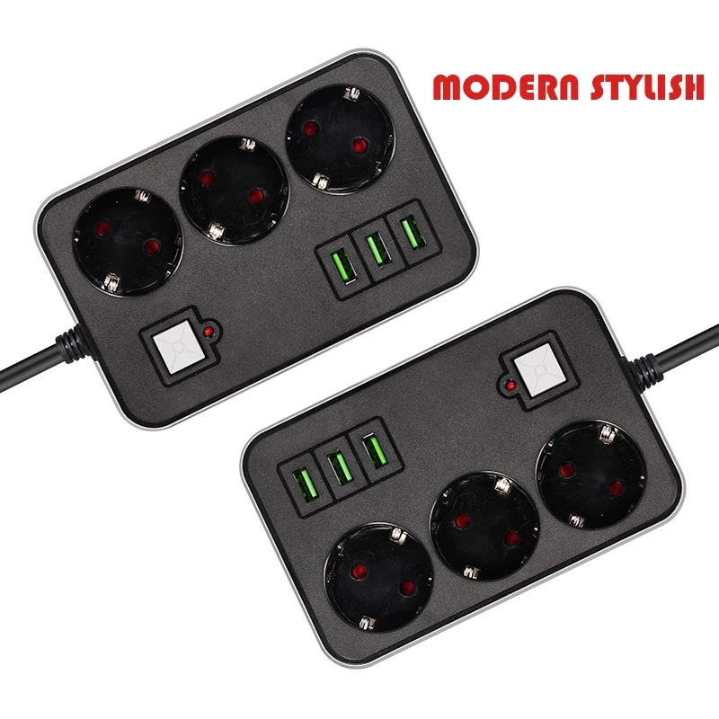 Portable Strip Plug Adapter Power Socket 3 Sockets 3USB Port Big Plug Extension Patch Board 1.8M Extension Cord for Home Office