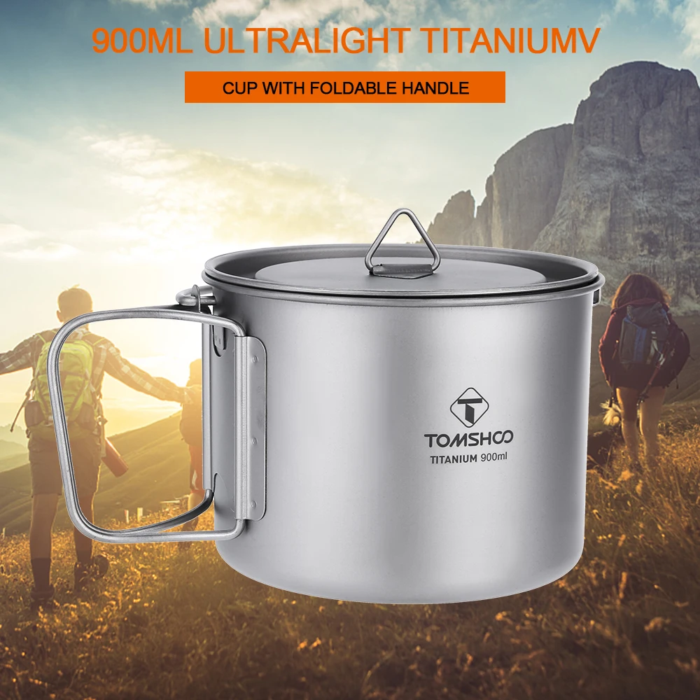 900ML Titanium Pot Portable Titanium Water Mug Cup with Lid and Foldable Handle for Outdoor Camping Cooking Picnic Tableware