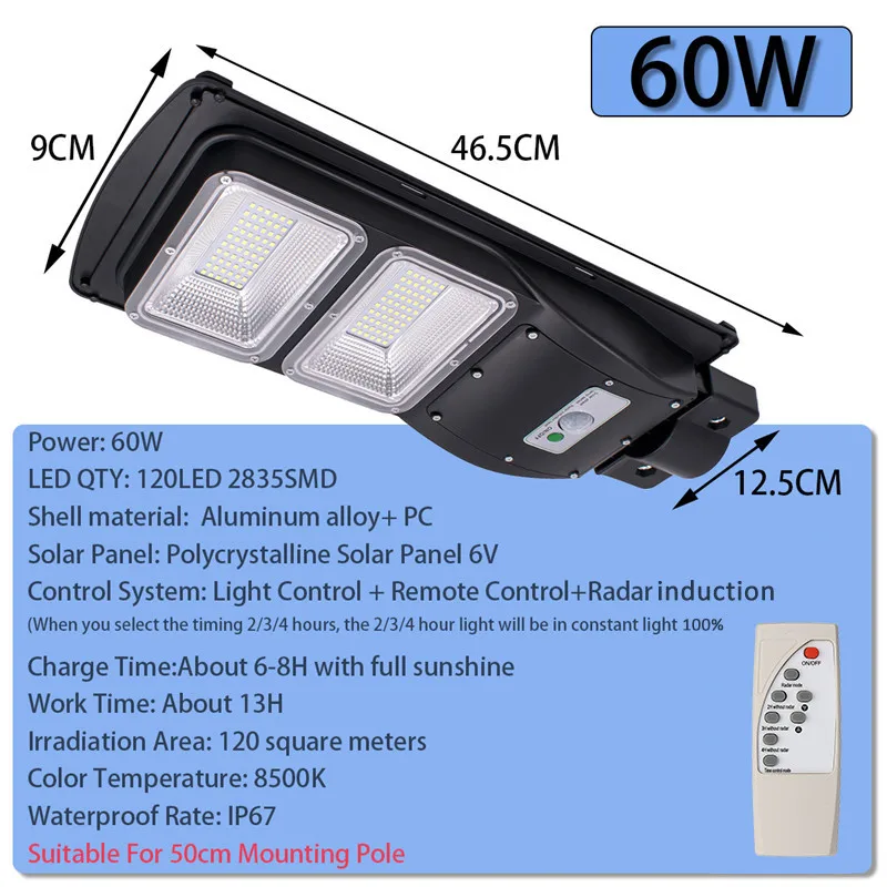 LED Solar Lamp Wall Street Light 30/60W/90W Rada r Induction Outdoor Timing Lamp+Remote Waterproof Security Lamp for Garden Yard - Emitting Color: 60W