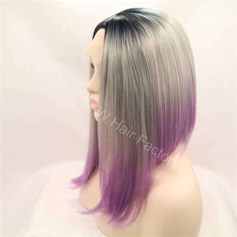 Dark Roots Grey Purple Ombre Bob Wig Shoulder Length Wig High