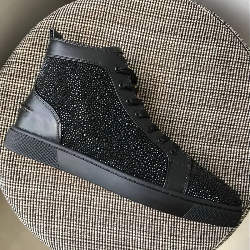 

New Mens Womens Fashion Rhinetone High Top Red Bottom Causal Shoes Design Crystal Genuine Leather Luxury Shoes 14colors 36-46