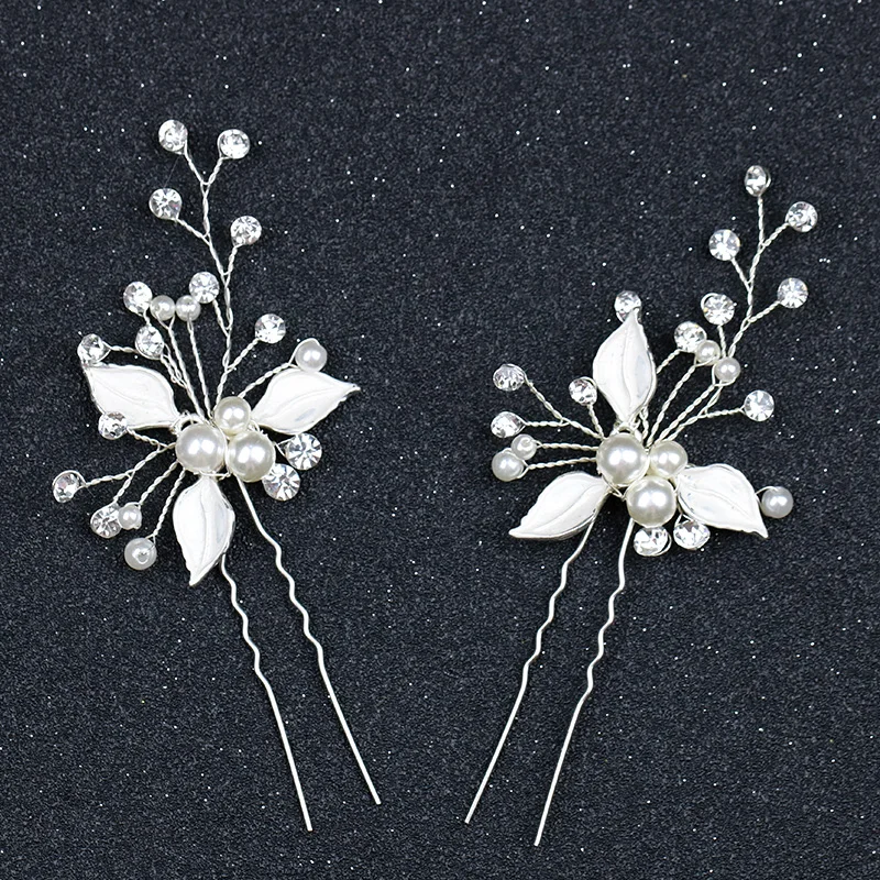 Silver Wedding Hair Pins Leaves Bridal Hairpins Pearl Rhinestone Hair