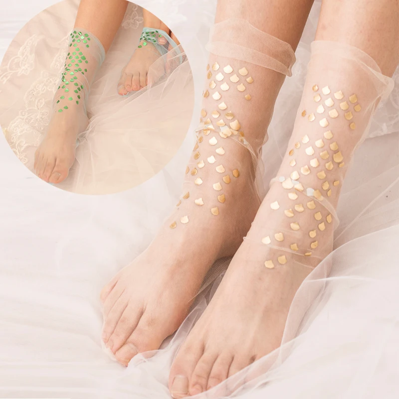 

Women Summer Trendy Shiny Breathable Girls Chic Glitter Scale Long Thin Sequined Socks Gauze Transparent Lady Nylon Mermaid Sox
