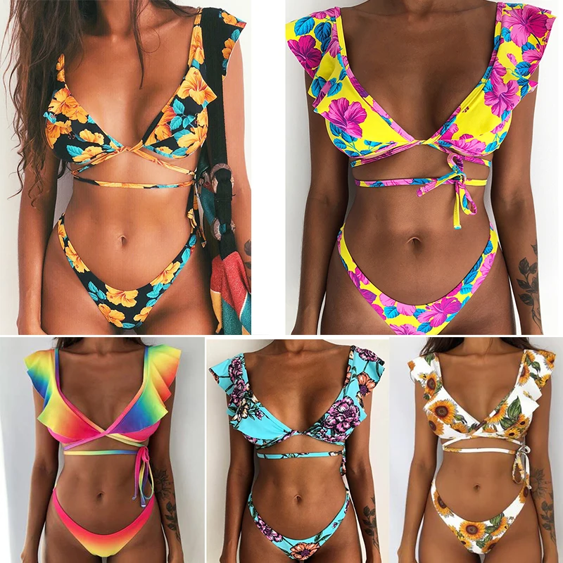 

Print Floral Swimwear Women Bikini 2019 Summer Ruffle Swimwear Bikini Set Push-up Padded Bra Bather Suit Swimsuit Biquini Hot