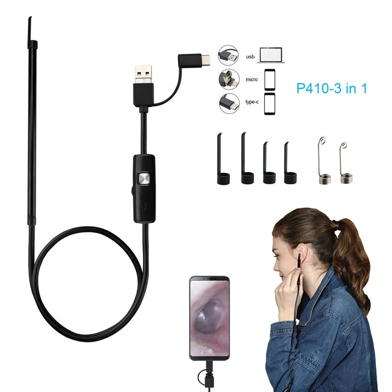 

New 3 In 1 Ear Spoon Borescope Ear Cleaning USB OTG Endoscope for Phone Android PC DM-19ING
