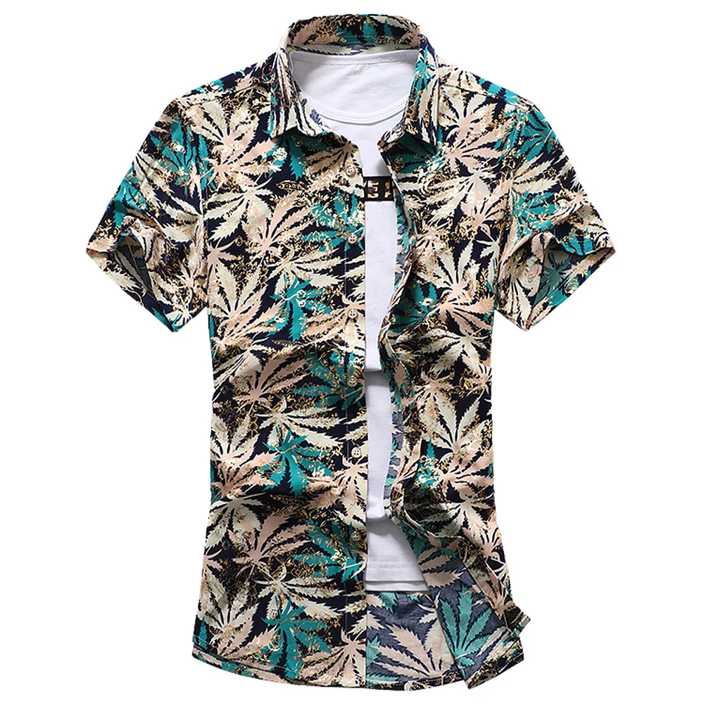 

Men New Summer Short Sleeve Cotton Dress Shirts Maple Leaf Printing Thin Style Slim Fit Clothes Male Big Size 7XL Red Green