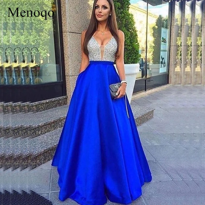 

Menoqo V-Neck Beads Bodice Open Back A Line Long Evening Dress Party Elegant Vestido De Festa Fast Shipping Prom Gowns