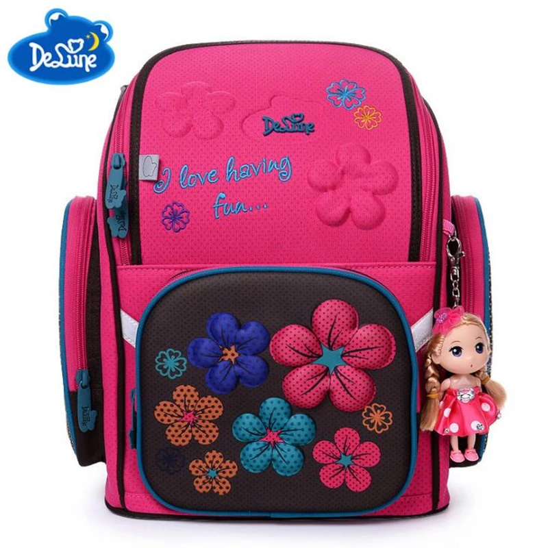 

DELUNE Children Cartoon 3D Flower floral Pattern Girls Boys School Bags Waterproof Foldable Orthopedic School Backpack with doll