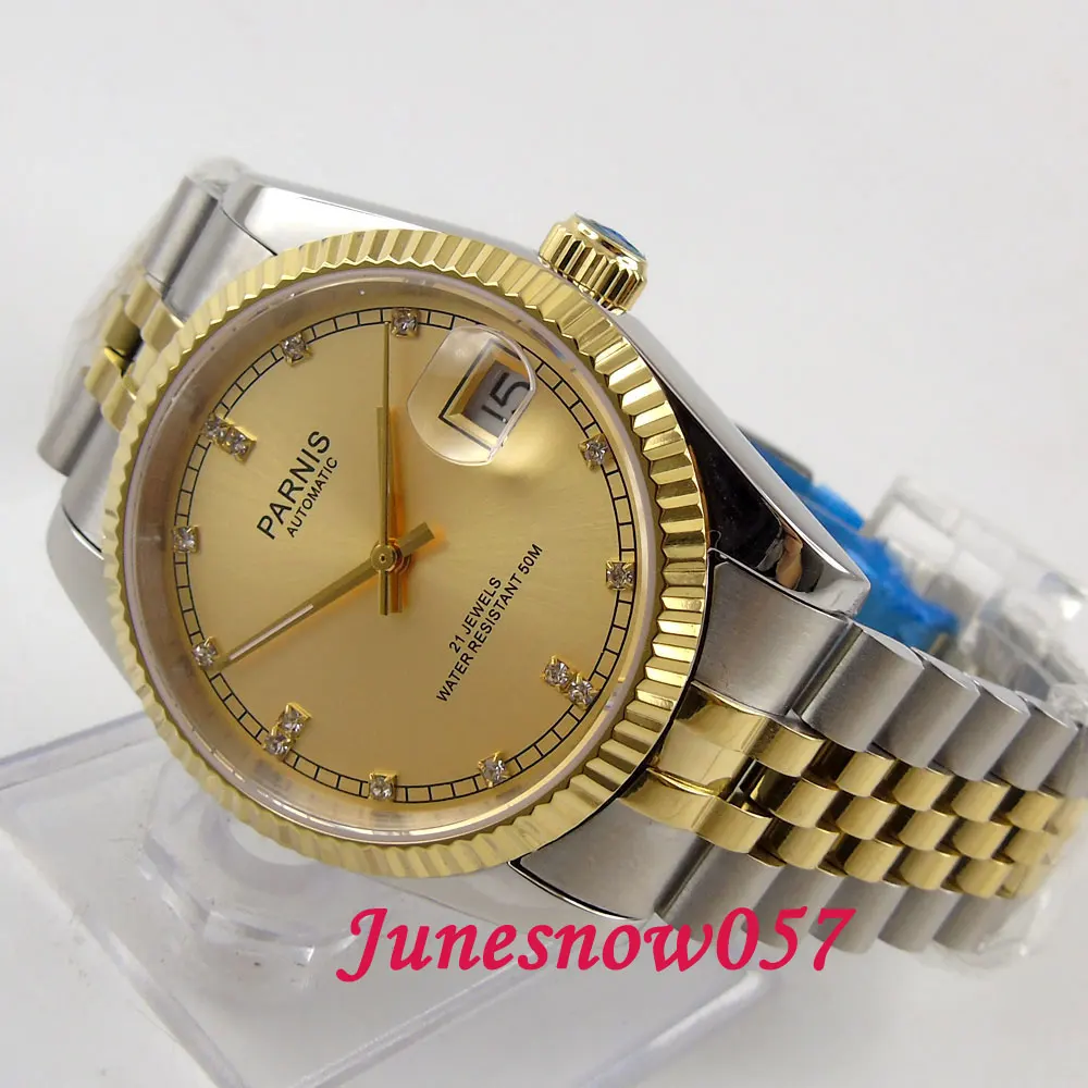 

Parnis 36mm MIYOTA watch men women golden dial Diamond like marks waterproof bracelet date sapphire glass Automatic 597