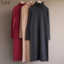 TaFiY 2018 Winter Women Dress Vintage Cotton Flat Knitted Sweater Turn-down Collar Long Warm All-match Pullover Sweater Dress