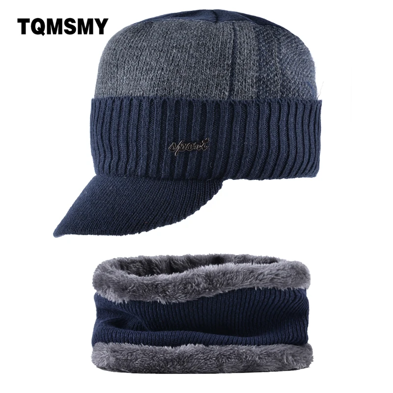 

TQMSMY 2018 Warm Winter Men Thickened Baseball Cap add velvet Men's Beanies Hat Cap Father Knitted Hats Men collar scarf TMC34