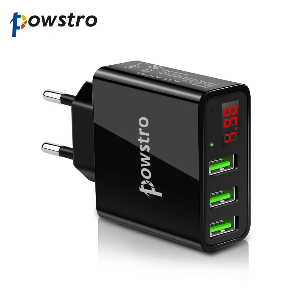 Универсальное настенное зарядное устройство Powstro 5 В 3 А, 3 USB, зарядное устройство для мобильного телефона, дорожный адаптер, дисплей, зарядное напряжение, ток для телефона, планшета - Тип штекера: Black