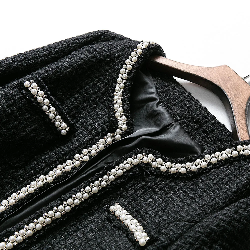 Longue Casaco white Black Tweed Date Femmes Vestes Manteau Veste À Manteaux 2019 Et Rond High Feminino Manches Perlée Col Street En Laine Longues BTfnH