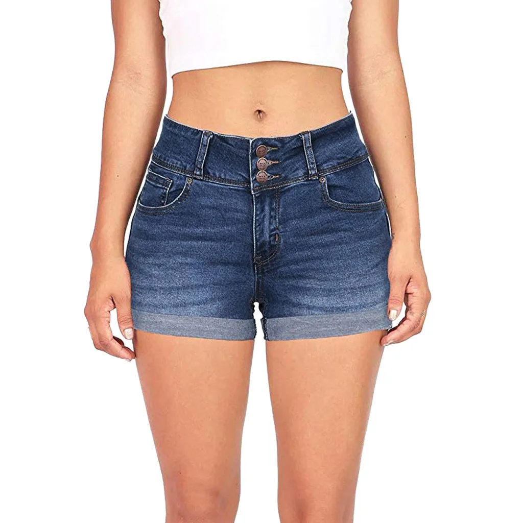 

High waist denim shorts Women loose pockets Mini shorts plus size gradient fashion Ladies medium wash casual button shorts