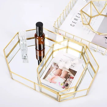

Transparent Glass Storage Box For Desktop Jewelry Necklace Cosmetics Golden Organizers Simple Retro Copper Storage Container