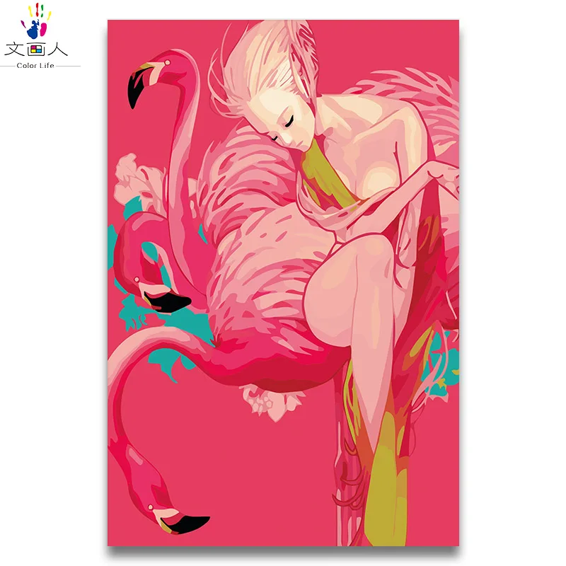 

diy red Flamingo girls art pictures painting draw coloring by numbers with kits on Colorful canvas draw pictures by numbers