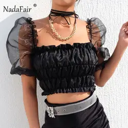 Nadafair с буфами на рукавах Черные Короткие Топ Для женщин 2019 Harajuku короткий рукав укороченный топ в сеточку с оборками и низким вырезом на