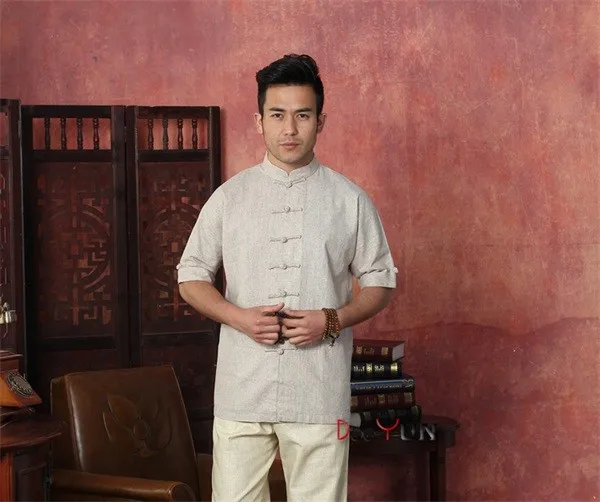 Высококачественная бежевая китайская мужская хлопковая льняная рубашка Кунг-фу винтажная Новая китайская пуговица костюм Тан Размер S M L XL XXL XXXL