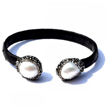 

Fashion chic leather pearl bracelet black snakeskin rhinestone cuff bangle bracelets