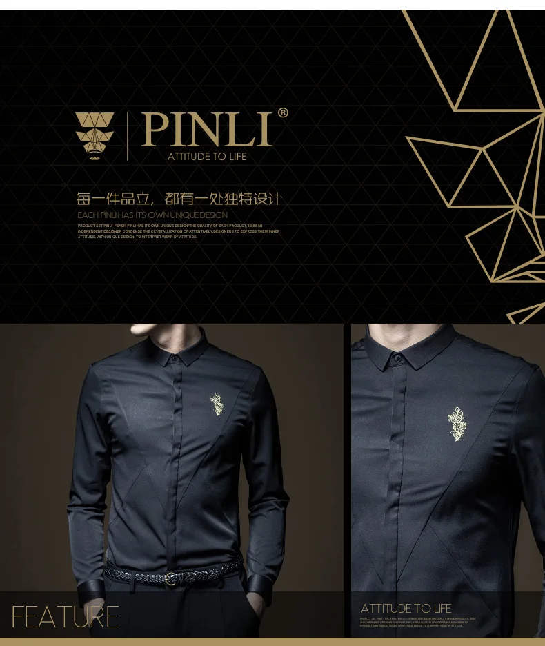 Camiseta Masculina рубашка Pinli продукт с длинным рукавом Вышитые воротник развивать нравственность для мужчин's бизнес повседневное B173413210